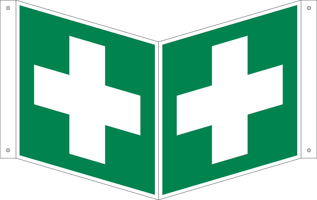 First aid. ISO 7010, projecting sign, 180 degree high visibility.