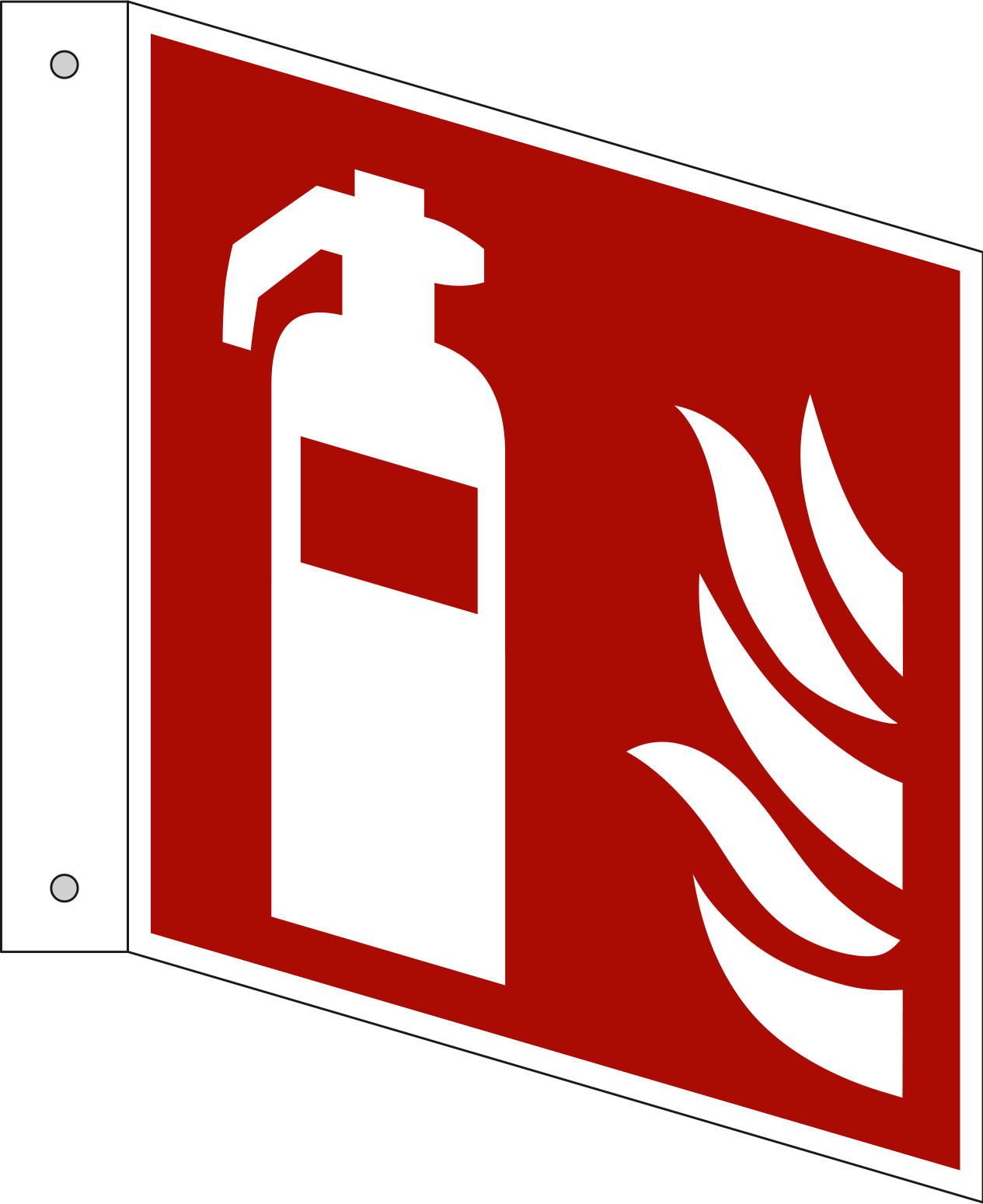 Fire extinguisher. ISO 7010, 90D projecting sign.