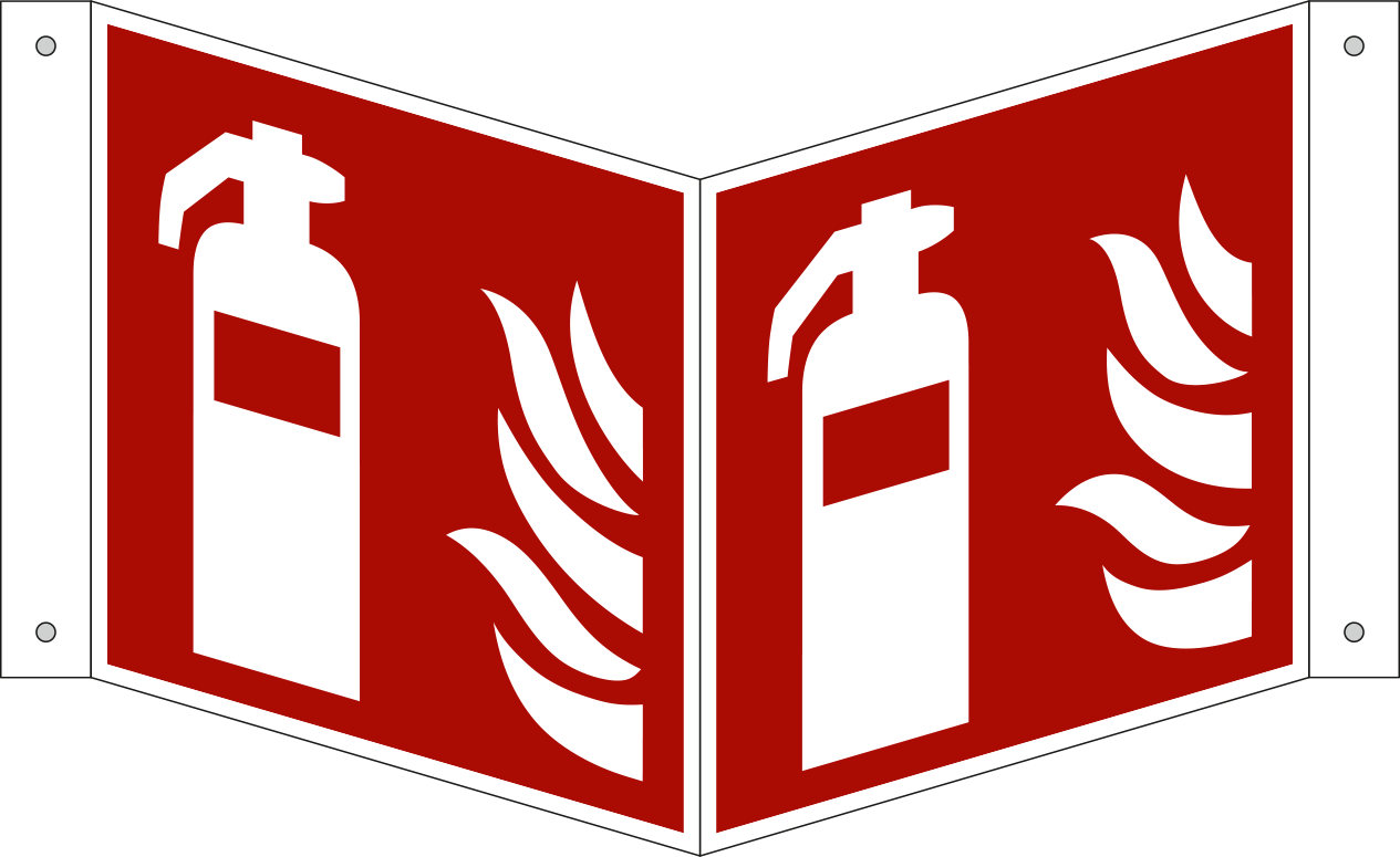 Fire extinguisher. ISO 7010, projecting sign 180 degree visibility.