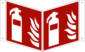 Fire extinguisher. ISO 7010, projecting sign 180 degree visibility.