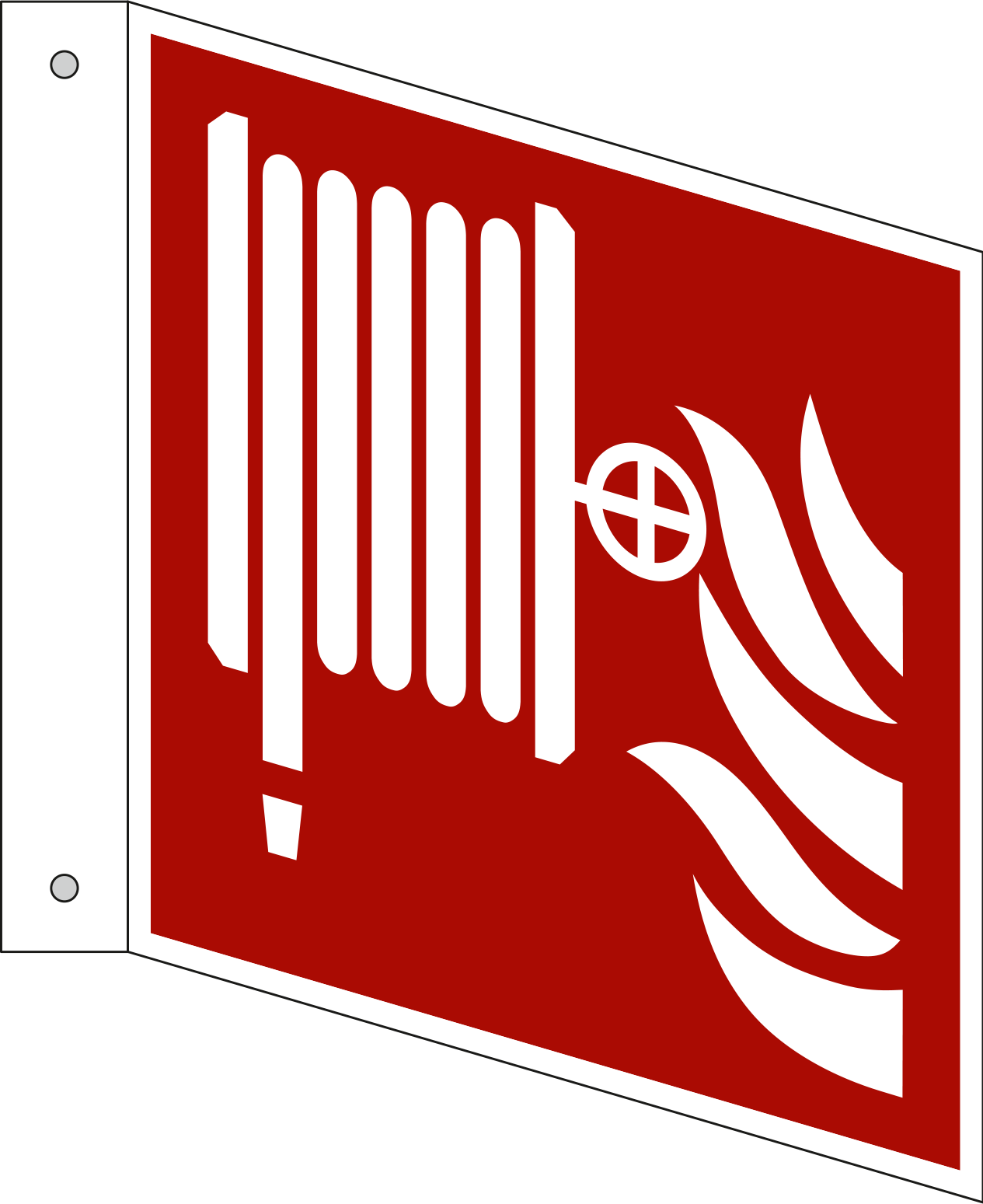 Fire hose reel. ISO 7010, 90D projecting sign.