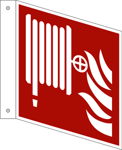 Fire hose reel. ISO 7010, 90D projecting sign.