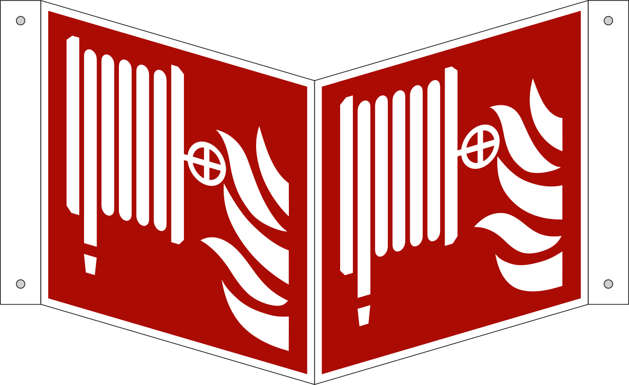 Fire hose reel. ISO 7010, projecting sign 180 degree visibility.