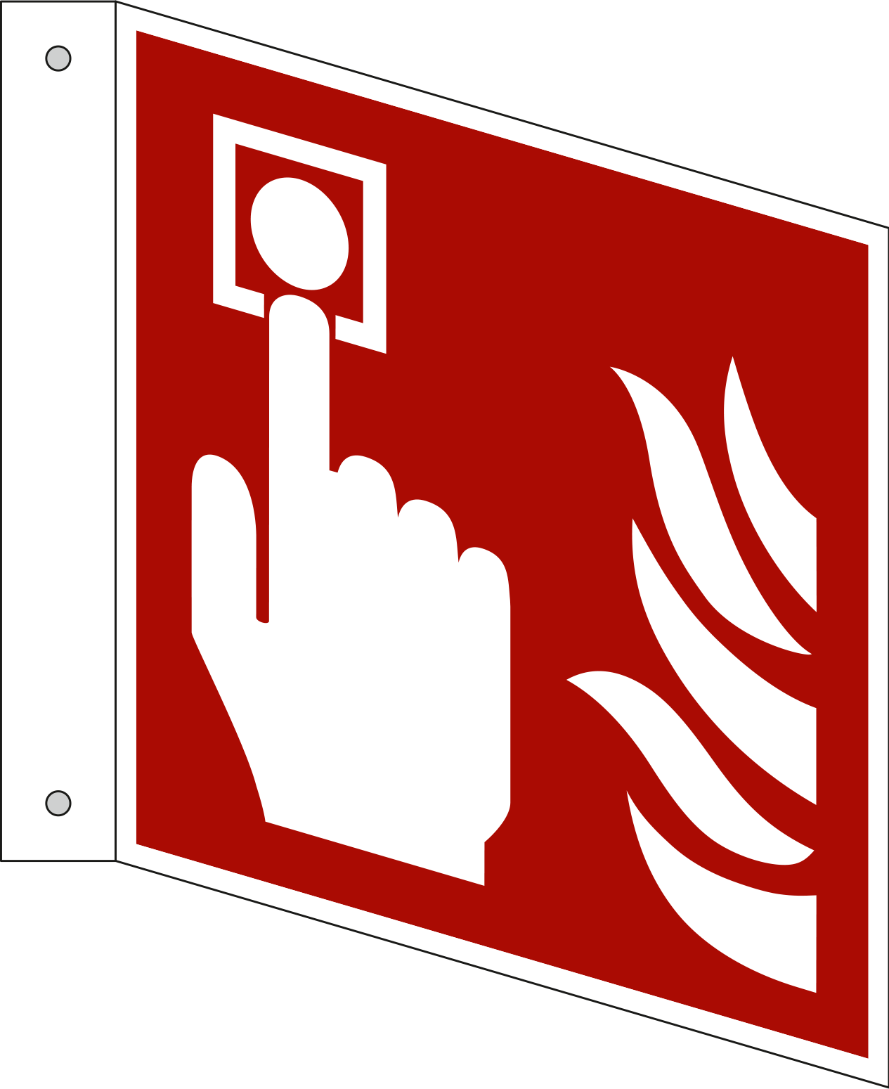 Fire alarm call point. ISO 7010, 90D projecting sign.