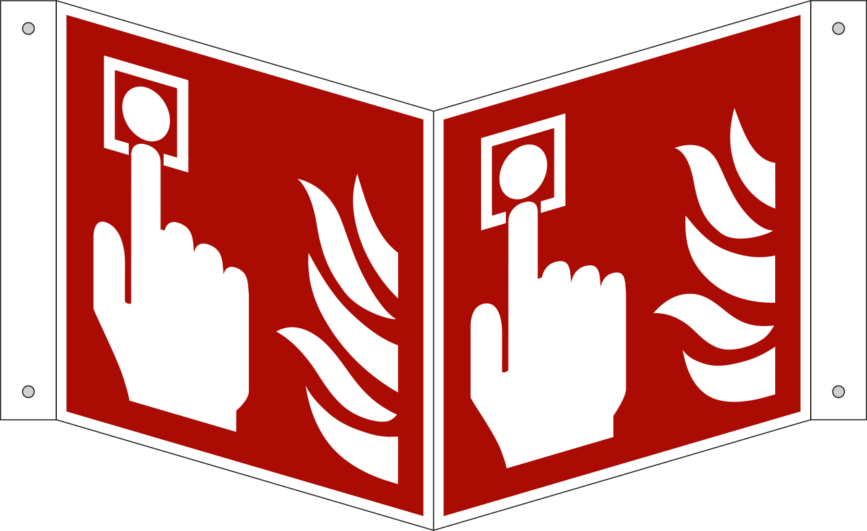 Fire alarm call point. ISO 7010, projecting sign 180 degree visibility.